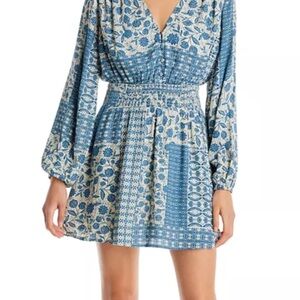 AQUA Patchwork Print Mini Dress Floral Blue and White